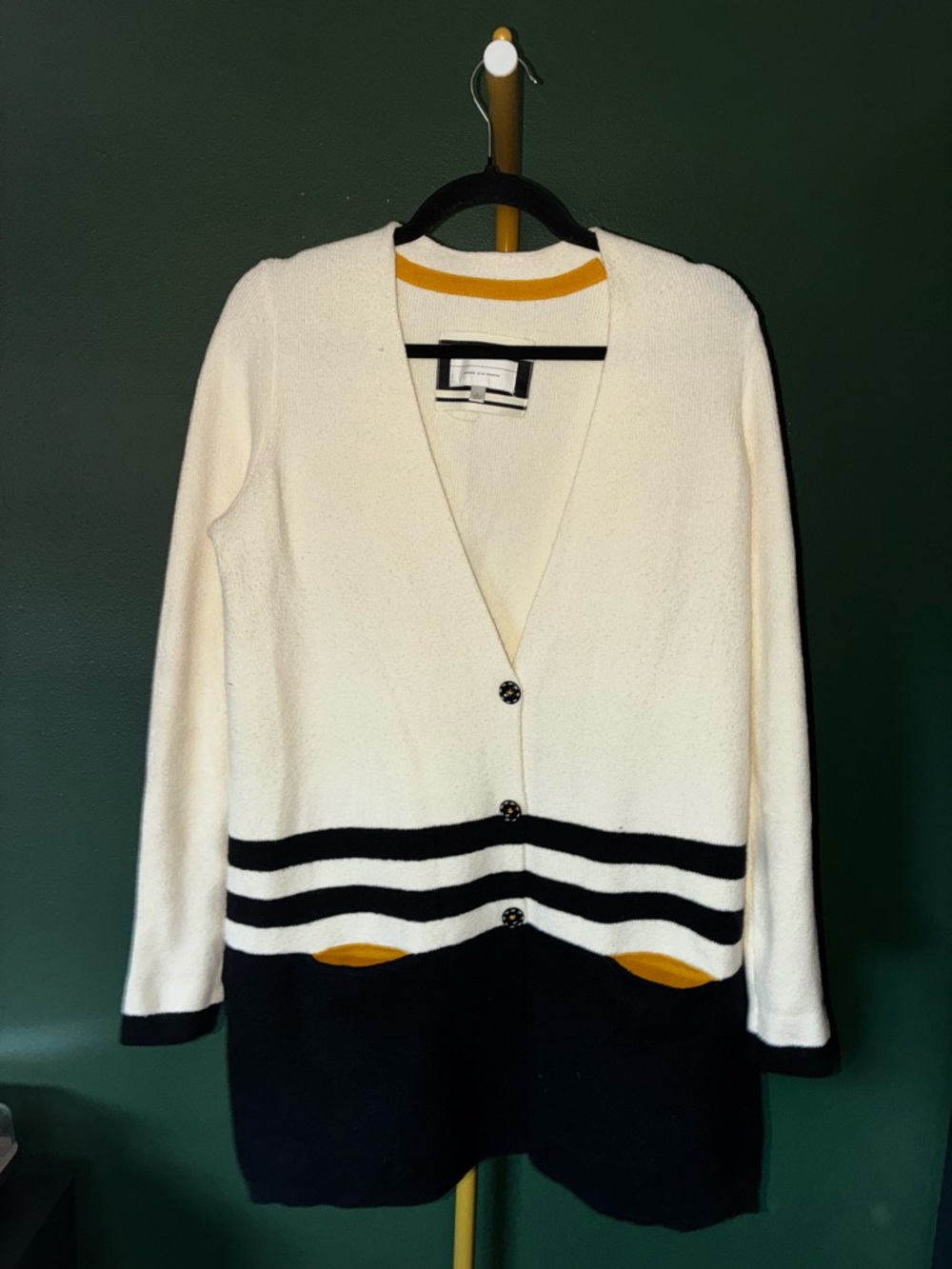 Angel Of The North Cream and Black Striped V-Neck Cardigan with Mustard Trim